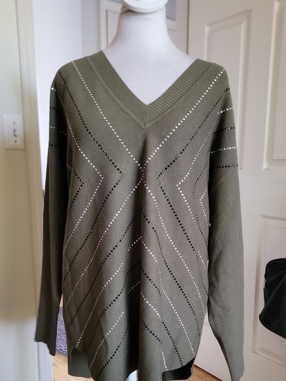 Liv Milano Olive V-Neck  Sweater with Subtle Eyelet Pattern